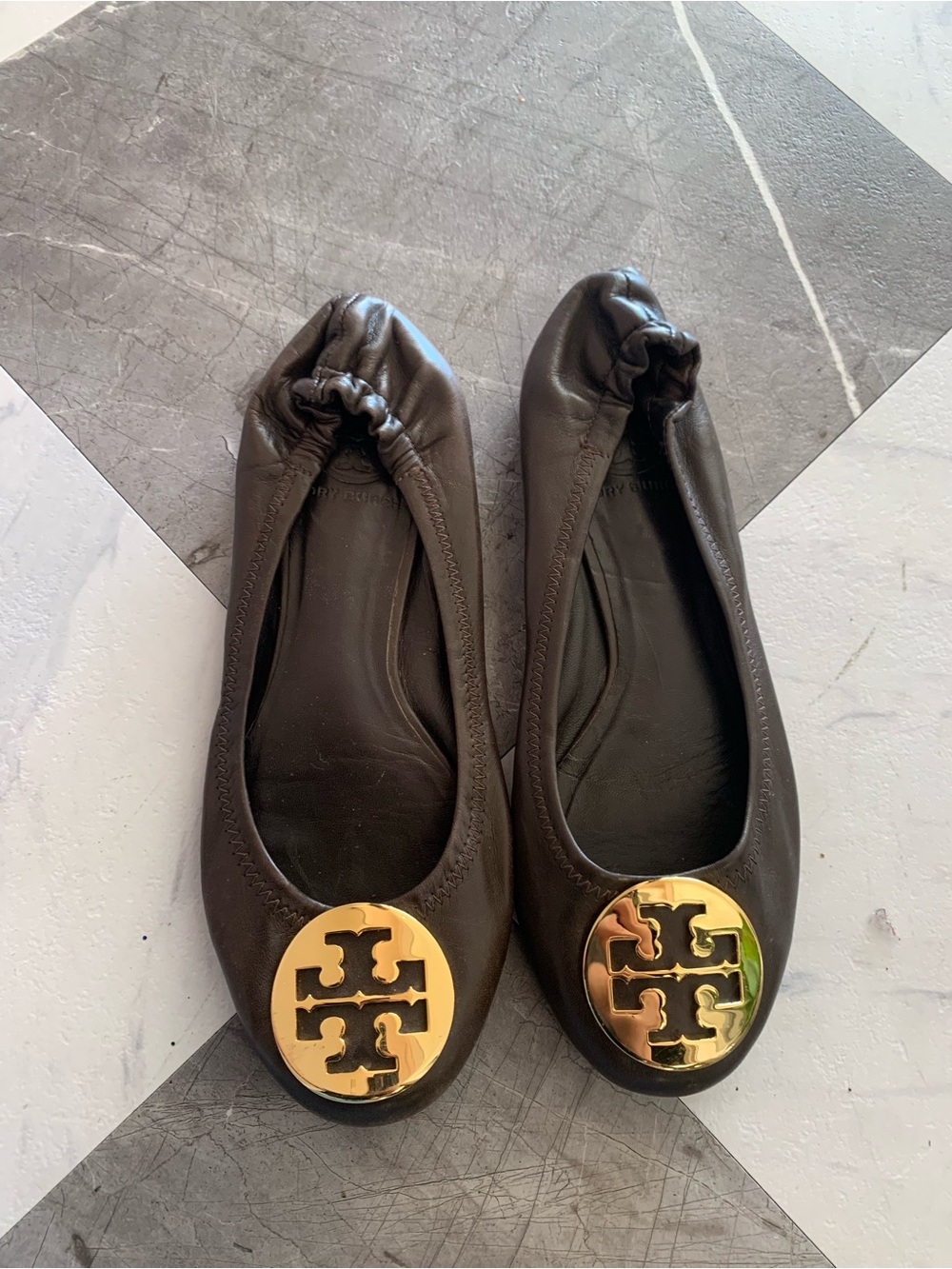 Tory Burch Black Reva Ballet Flats with Gold Logo Medallion